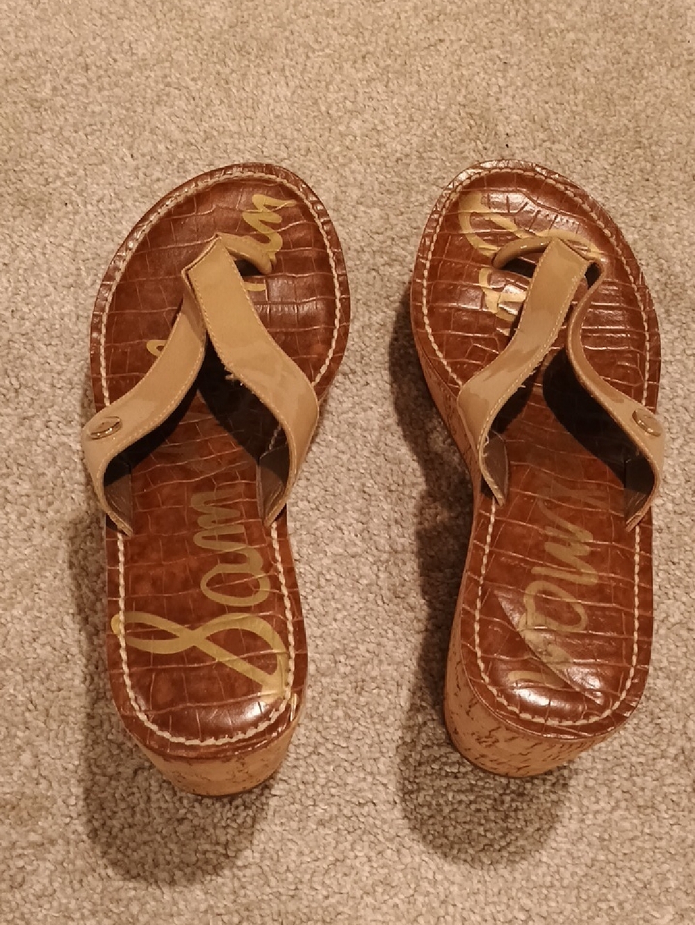 Sam Edelman Beige Tan Cork Wedge Thong Sandals